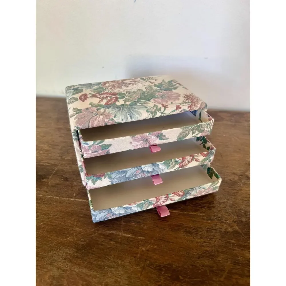 Vintage 90s Chintz Floral Jewelry Box with Drawers | Decorative Fabric Storage